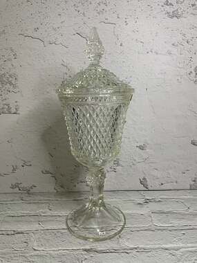Vintage Indiana Glass Tiara Diamond Point Footed Pedestal Lidded Apothecary Jar